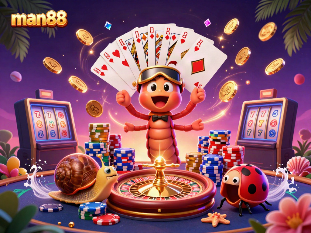 Win big at man88 with this vibrant casino scene featuring animated characters and flying game elements.