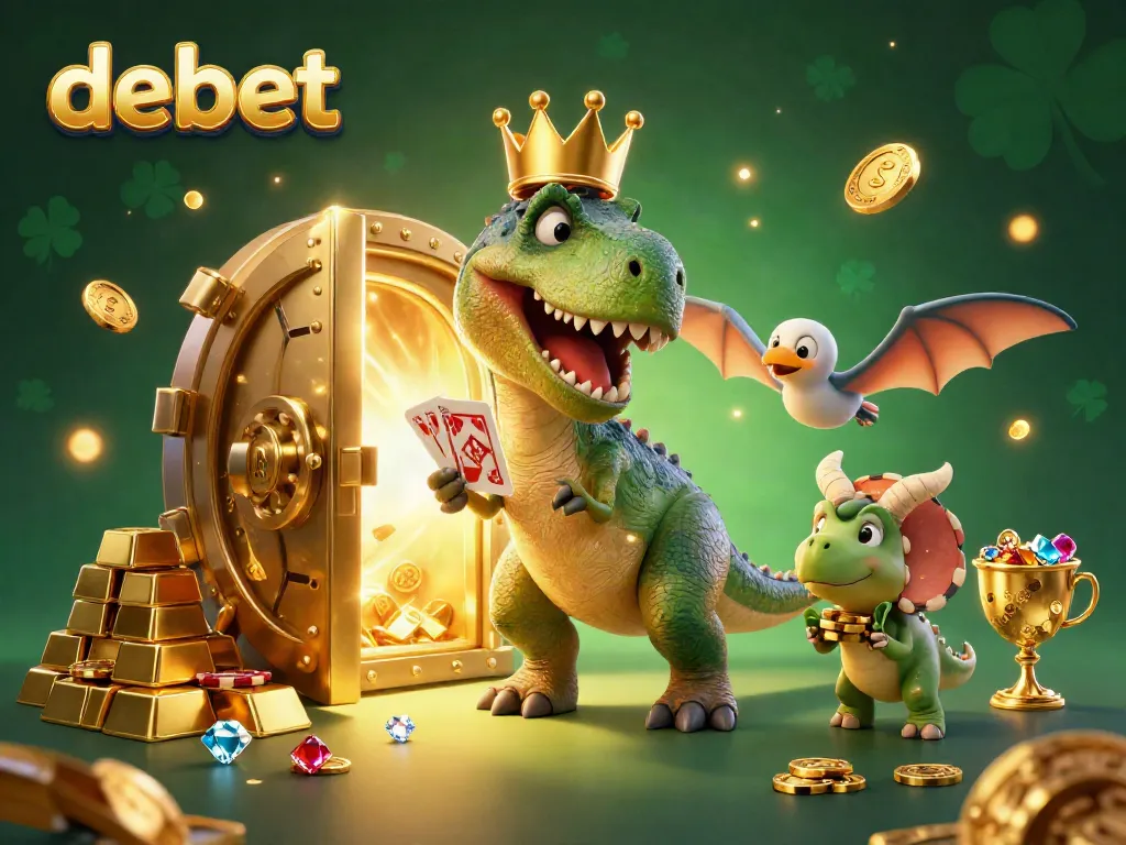 Experience the vibrant world of debet with a T-Rex, pterodactyl, and triceratops in a casino setting, surrounded by treasures.