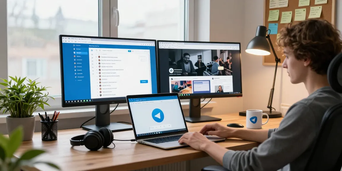 Exploring the Telegram web version in a modern workspace with dual monitors and a laptop, capturing a tech-savvy environment.