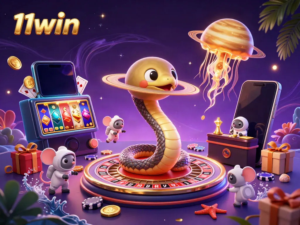 Experience thrilling gameplay with 11win as astronaut mice bet on a roulette wheel and enjoy vibrant casino elements.