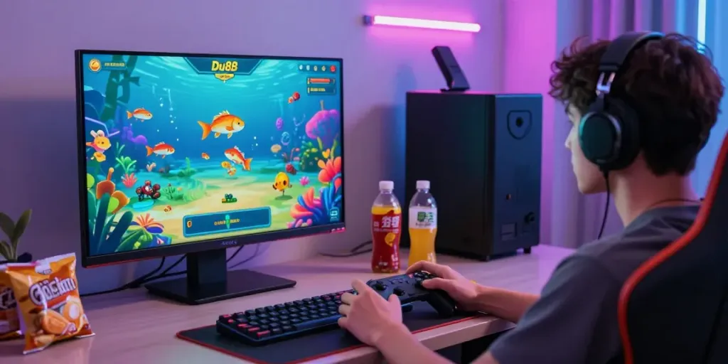 Player immersed in the Du88 gaming experience while fishing in an underwater-themed game.