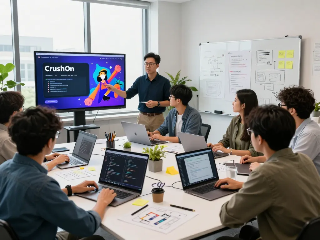Team collaborating on Crush on AI software in a bright tech workspace.