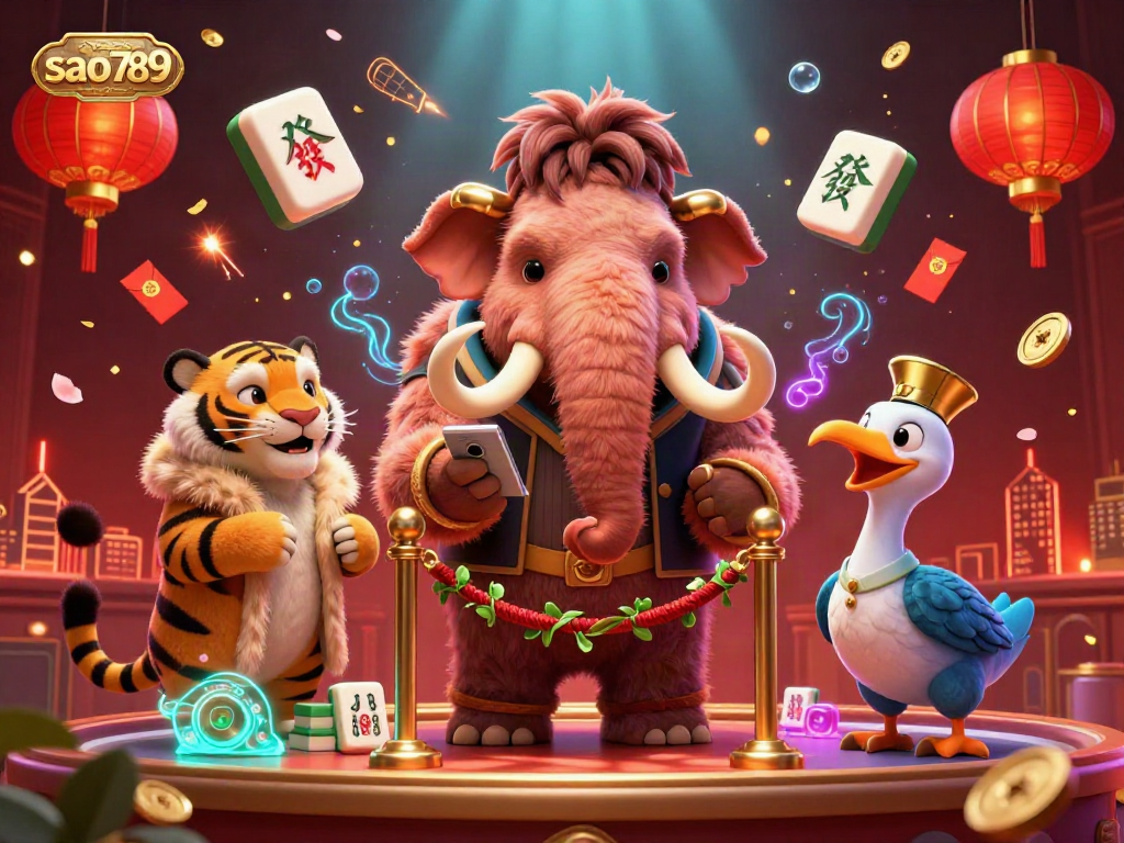 Sao789's vibrant casino scene with a woolly mammoth bouncer, saber-tooth tiger VIP, and dodo bird doorman ready for action.