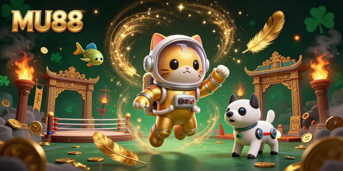 Experience thrilling moments at MU88 with an astronaut cat and epic gambling elements in a vibrant cosmic scene.