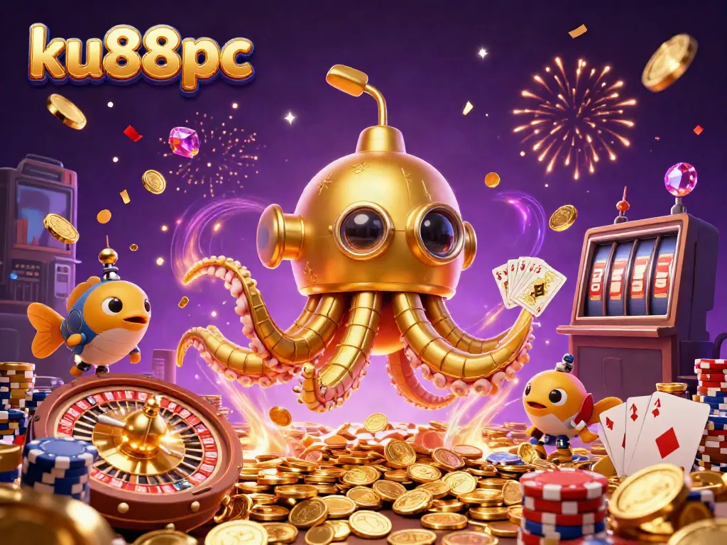 Experience thrilling gaming at ku88pc with a 3D kraken submarine surfacing through gold coins and dynamic casino elements.