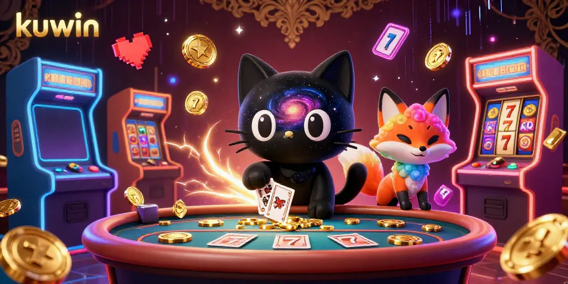 Kuwin's captivating casino scene featuring a whimsical black hole cat and colorful nebula fox at a cosmic gaming table.