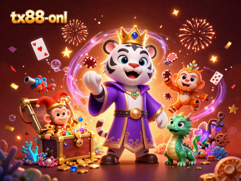 Experience the thrill with tx88-onl featuring a majestic tiger, monkey juggling chips, and vibrant casino elements.
