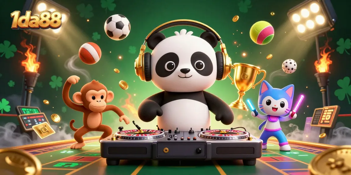 Spin with 1da88: A lively 3D scene of a DJ panda and playful characters in the vibrant casino atmosphere.