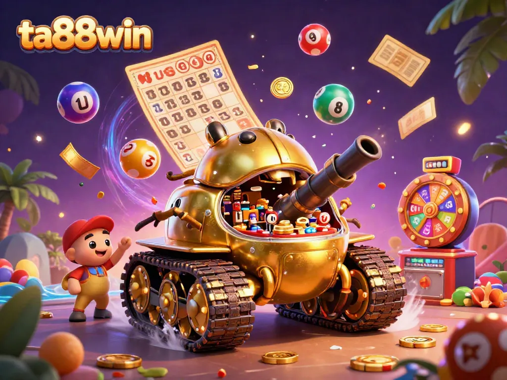 Engage in thrilling wins with ta88win's vibrant casino scene featuring a golden beetle tank and festive confetti.