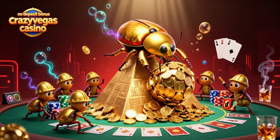 Experience the no deposit bonus crazyvegas casino with vibrant illustrations of beetles and poker elements.