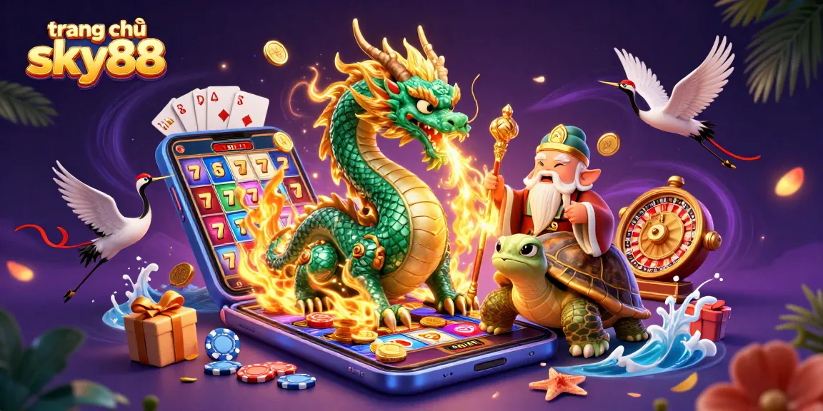 Experience thrilling slots at trang chủ sky88 with a magical scene of a dragon, turtle sage, and flying cranes.
