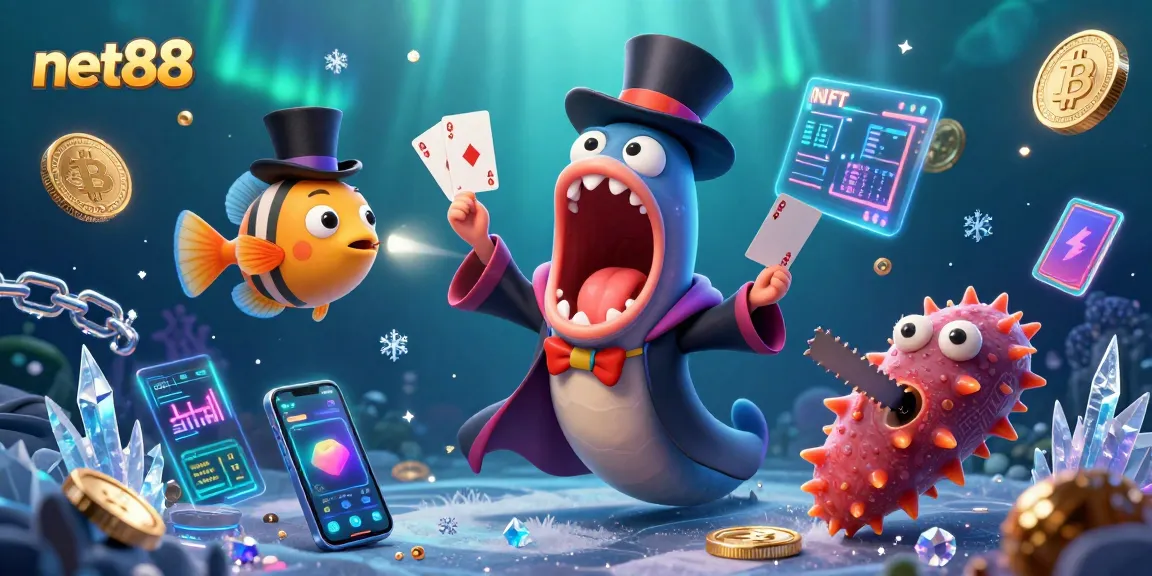 Engage with net88's magical casino experience featuring glowing crypto coins and enchanting characters.