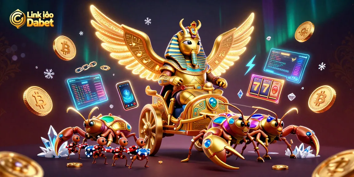 Link vào Dabet features a vibrant 3D casino scene with golden scarab and slot reels amid crypto elements.