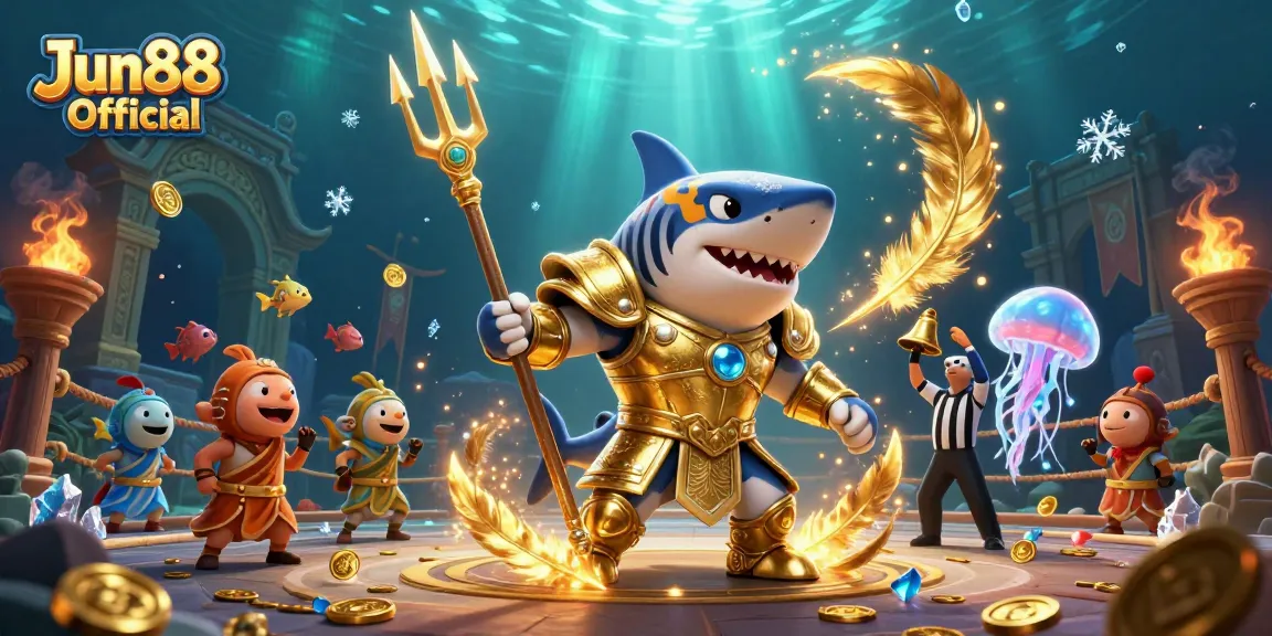 Experience thrilling underwater battles at Jun88 Official, featuring an epic 3D tiger shark gladiator.