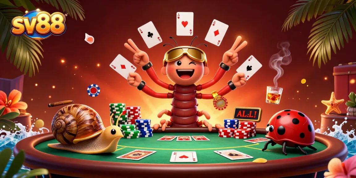 Experience thrilling poker action with sv88's vibrant casino scene, showcasing lively characters and gaming elements.
