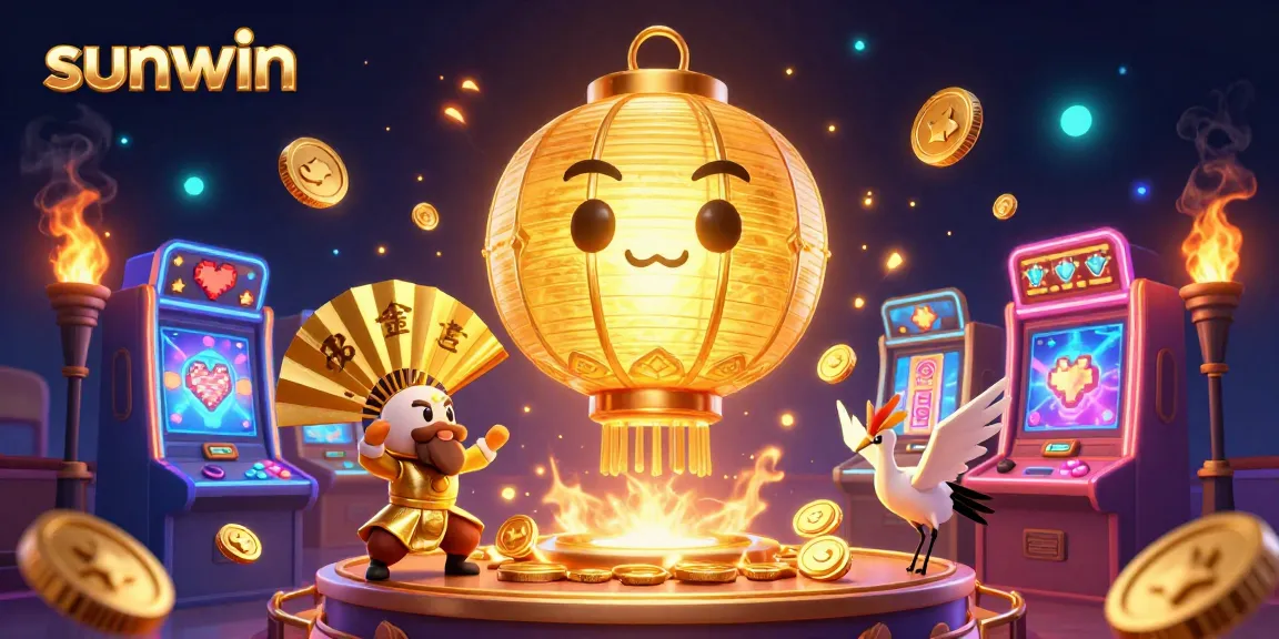 Engage in thrilling gaming at Sunwin with a vibrant casino scene showcasing golden characters and dynamic slot machines.