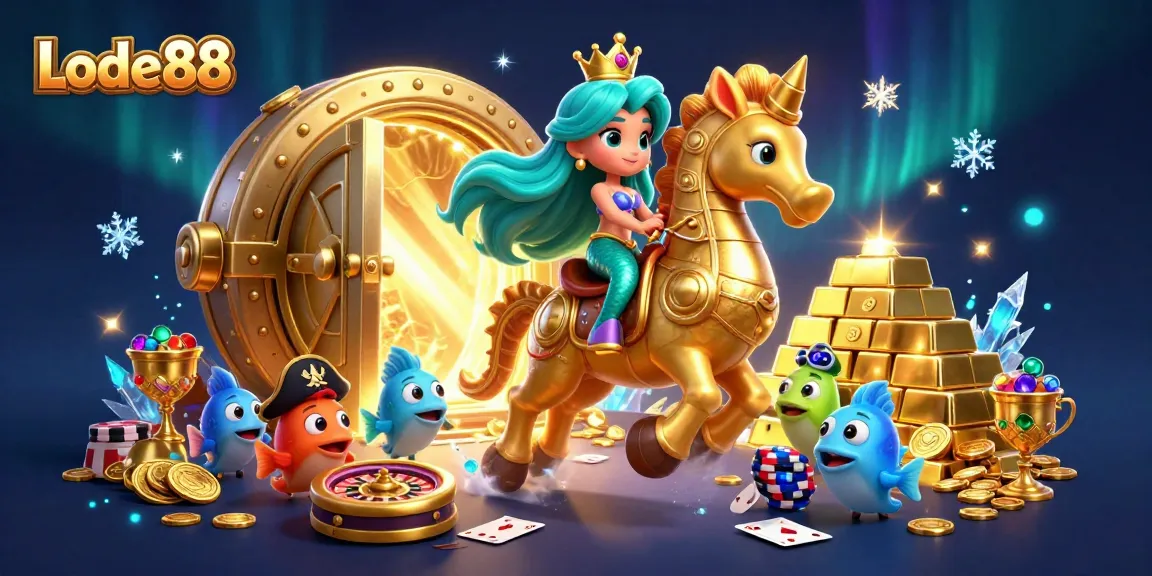 Lode88 brings fortune with vibrant 3D mermaid riding a golden seahorse, celebrating casino excitement.