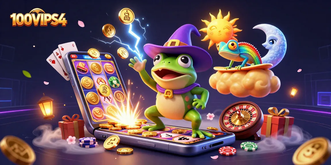 Experience the thrilling fun of 100VIPS4 with golden coins and colorful casino elements.